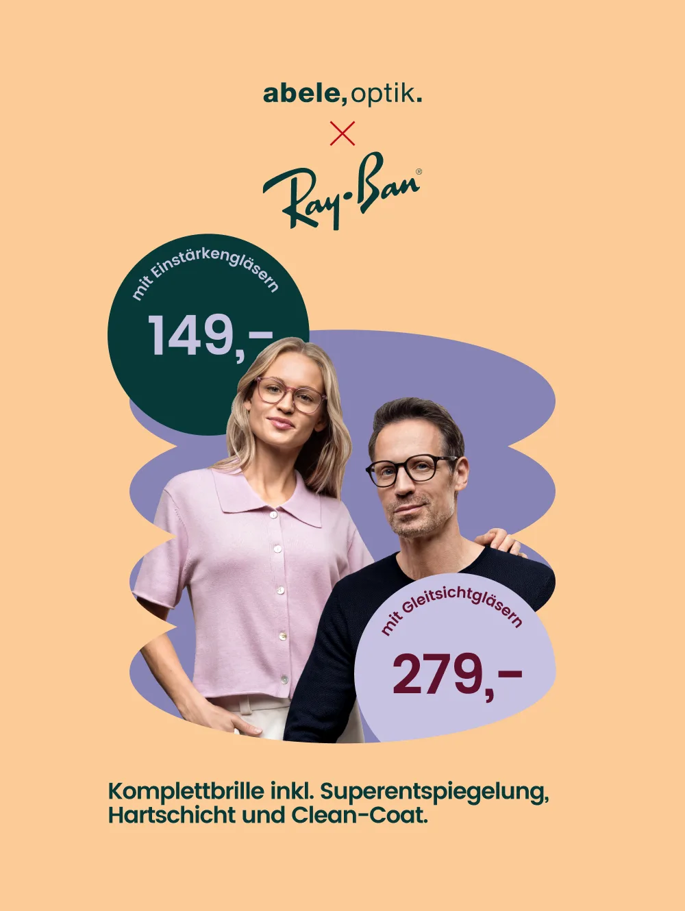 Zu sehen ist eine Frau und ein Mann mit dem Ray Ban Komplettbrillen Angebot von Abele Optik
