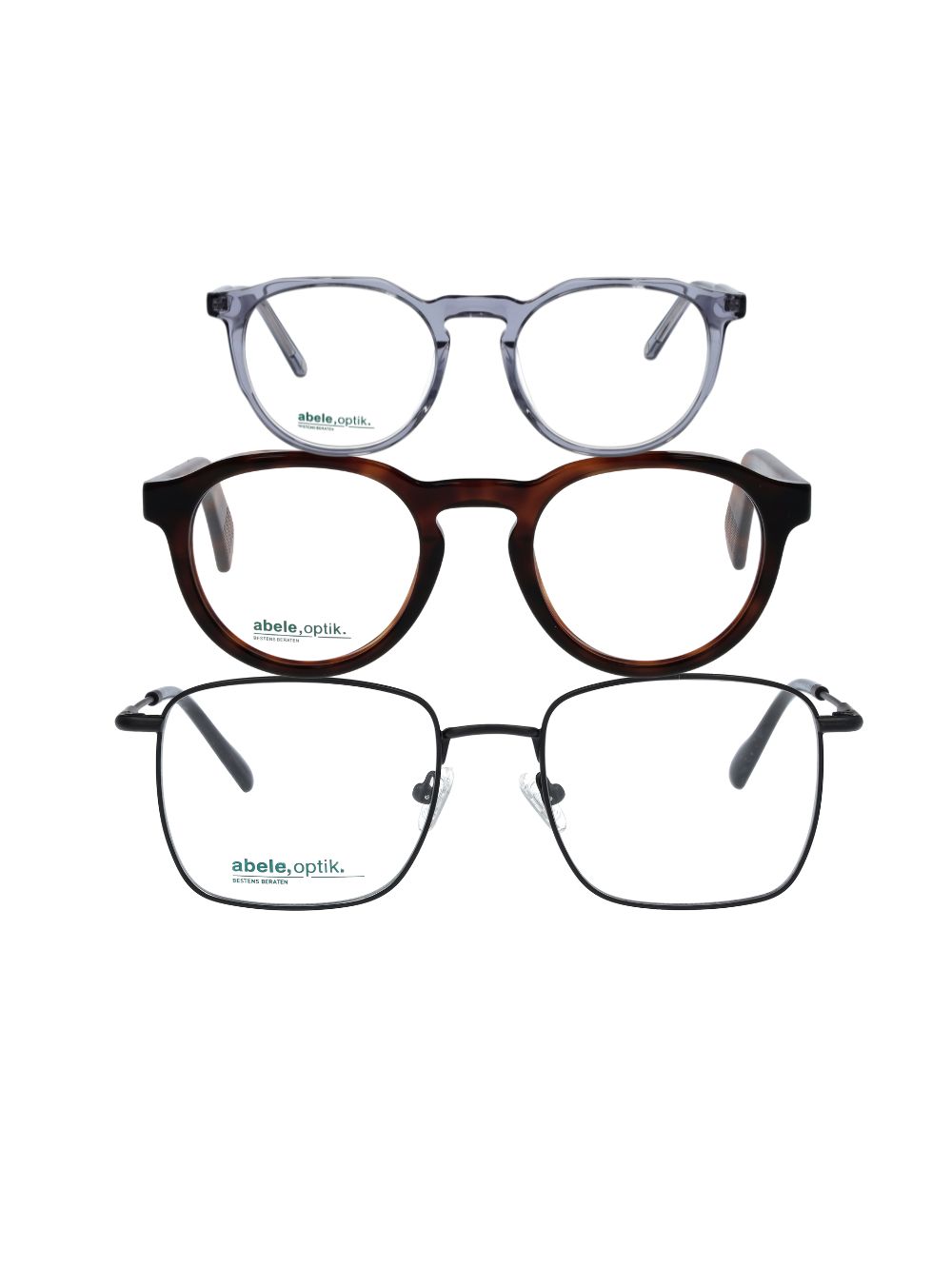 Zu sehen sind Drei Brillen von Abele Optik. Ratgeberseite Glasveredelungen